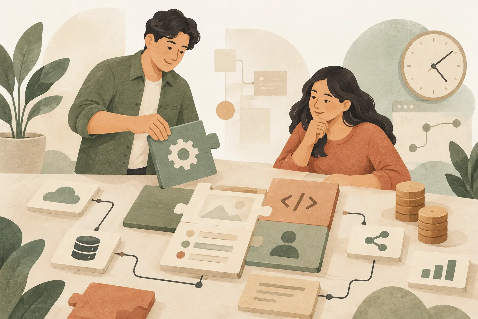 Two people arrange software modules, connected workflows, a clock, and budget tokens to illustrate development cost factors.